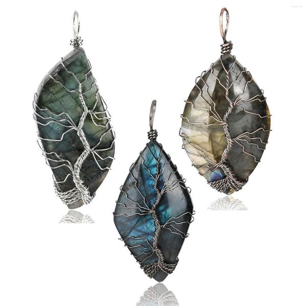 Pendentif Colliers Roche Irrégulière Labradorite Naturelle Fil De Cuivre Antique Enroulé Arbre De Vie Gris Pierre De Lune Cristal Pendule Bijoux De Guérison