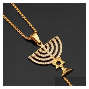 Colliers pendants Israël Menorah Happy Hanukkah Golden en acier inoxydable Star de David Israélites Candler Symbole Hexagram Drop Dhm1w