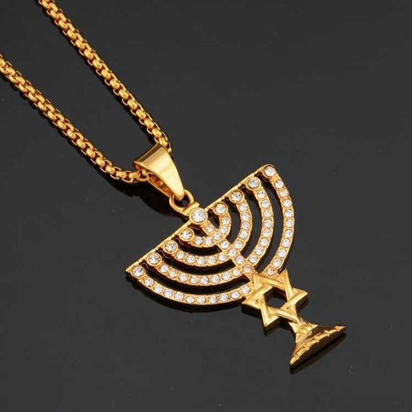 Pendentif Colliers Israël Menorah Happy Hanukkah Colliers Bijoux En Acier Inoxydable Doré Étoile De David Israélites Candler Symbole Hexagram Pendentif G230206