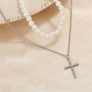 Hangende kettingen Japanse en Koreaanse stijl dubbellaags strass Pearl Cross dagelijks eenvoudige sfeer ketting