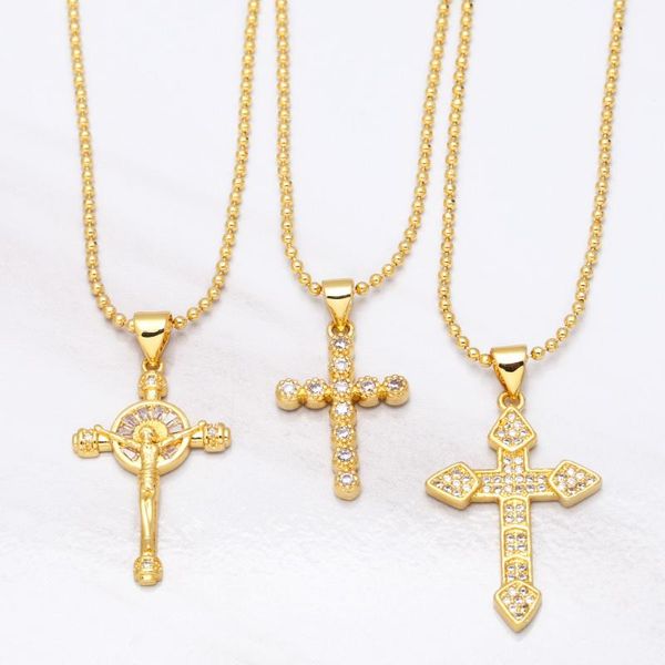 Colliers pendants J￩sus Cross Collier pour femmes en cuivre zircon Stone Gold Chain Plated Christian Bijoux nkea023 Pendant