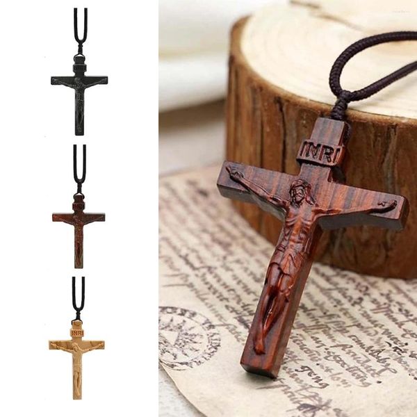 Collares colgantes Jesús Cruz Collar de madera Madera Cristiana Católica Crucifijo Accesorios