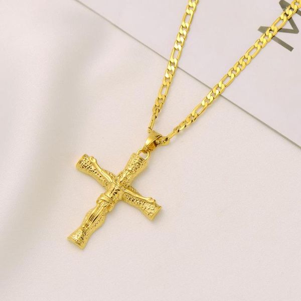 Pendentif Colliers Jésus Crucifix Croix 22k Fin Or Jaune FINITION Italien Figaro Lien Chaîne Collier 24 