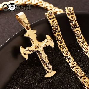 Hanger Kettingen Jezus Hanger Ketting Goud Kleur Klein Kruisbeeld Kruis Roestvrij Staal Lange Zware Byzantijnse Ketting Kettingen Mannen Sieraden MN73 230714