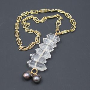 Pendentif Colliers Bijoux Naturel Double Point Quartz Plaqué Or Chaîne Collier Noir Keshi Perle À La Main Pour LadyPendant