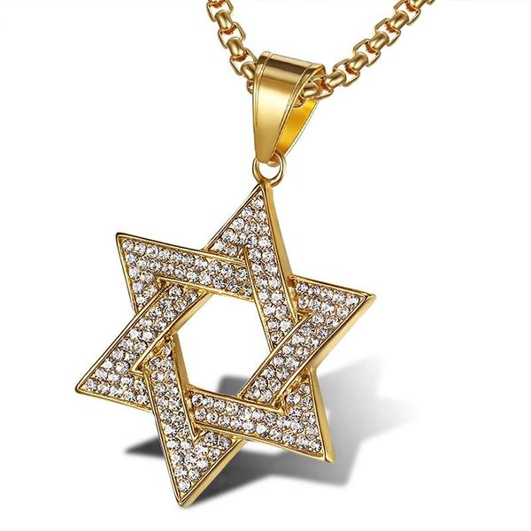 Collares colgantes Estrella judía de David Hexagrama Colgantes Color oro Acero inoxidable Bling Iced Out Hip Hop Rapero Joyería para hombres