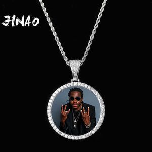 Pendentif Colliers JINAO NOUVEAU Personnalisé Ice out Grande taille Photo Collier Rond Pendentif Avec 4mmTennis Chaîne AAA Cubique Zircon Hip hop Bijoux T230413