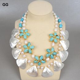 Colliers pendentifs JK 2 brins perles de culture d'eau douce blanches turquoises bleues collier de coquillages de fleurs 20 "pour les femmes
