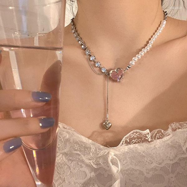 Collares pendientes JK Collar para niñas Love Splice Pearl Lolita Light Luxury Advanced Pink Chain