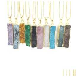 Pendentif Colliers JLN Druzy Agate Long Bar Rec Geode Quartz Pierre Pendentifs avec chaîne en laiton Bijoux pour hommes Drop Livraison Dhmmy