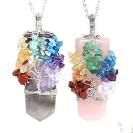 Pendentif Colliers JLN Naturel Quartz Pendentif Plantinum Plaqué Puce Pierre Précieuse Fil Enveloppé Cristal Épée Forme Hexagone Prisme Amet Charme Dhhzk