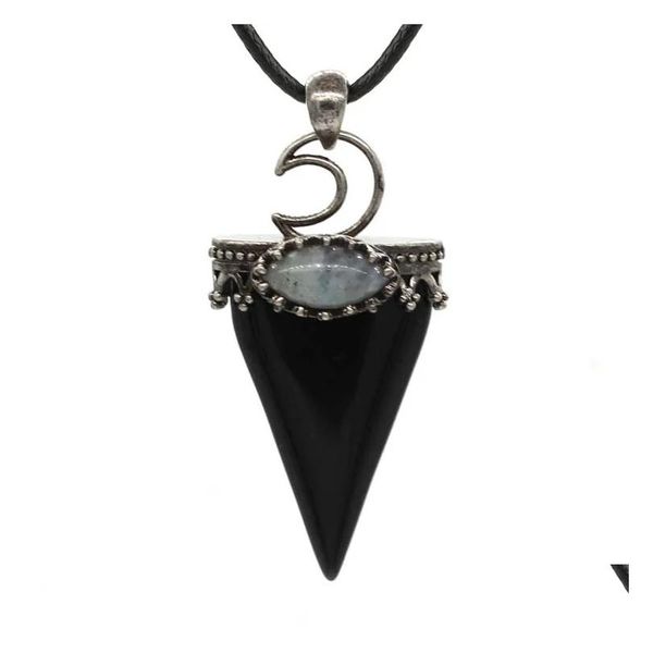 Colliers pendants Jln Style vintage Crown Moon Triangle Stone Antique Sier Semi-Precious Stones Perle Labradorite ovale avec du cuir Cha Dhskr