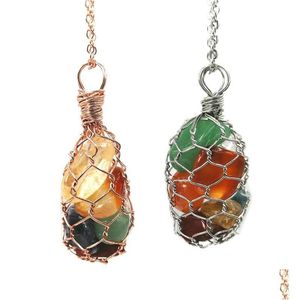 Colliers pendentifs JLN Wire Wrapped Net Irregar Stone Pendentif Sept Chakra Gemstone Pendentifs en métal avec collier de chaîne anti-terni G Dhltm