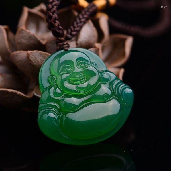 Colliers pendants joursneige couleur verte chalcédoine riant Bouddha chanceux Collier de sculpture fin