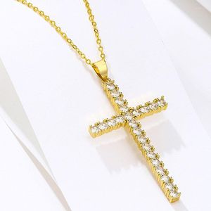 Hanger Kettingen JUWANG 14k Echt Vergulde Mode Vrouwen Kruis Ketting Ingelegd Prachtige Zirkoon Temperament Dames Jewlry