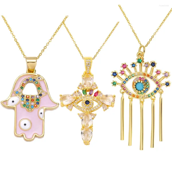 Collares colgantes Juya 18k chapado en oro real artesanía arco iris circón esmalte fátima hamsa mano cruz turco griego mal de ojo collar de mujer