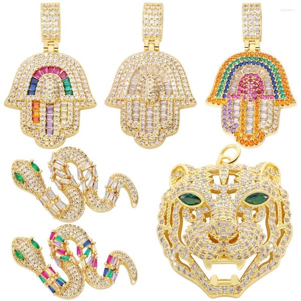 Collares colgantes Juya 18k chapado en oro real arco iris circón pavimentado hecho a mano talismán de lujo encantos hamsa mano de fátima serpiente tigre suministros
