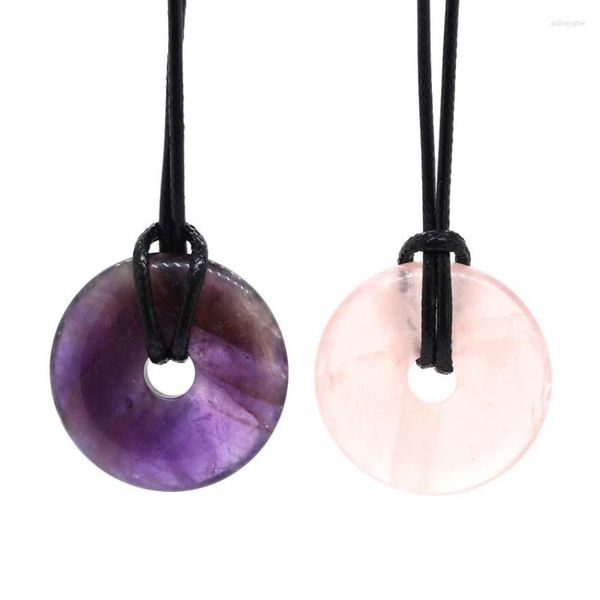 Collares pendientes KFT 30mm Círculo Donut Collar de cuarzo de cristal curativo natural Lapislázuli Piedra de ópalo Amuleto Moneda de la suerte Cuerda ajustable