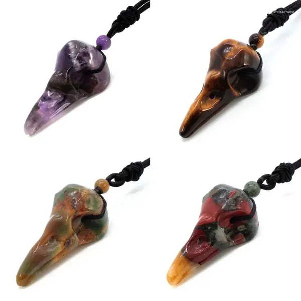 Pendentif Colliers KFT Sculpté à la main Cristal Agates Tête d'oiseau Crâne Améthystes naturelles Rose Rose Quartz Pierre Réglable Corde Chaîne Collier