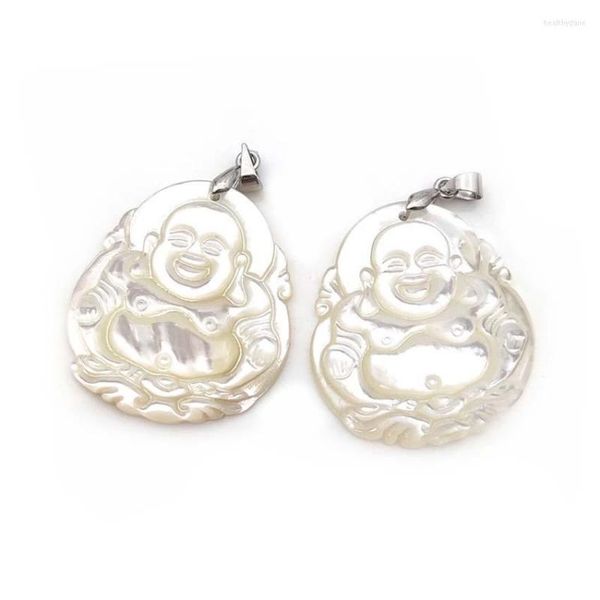 Pendentif Colliers KFT Sculpté À La Main Naturel Blanc Shell Souriant Maitreya Bouddha Ormeau Chaîne Collier Pour Femmes Hommes Filles Cadeau