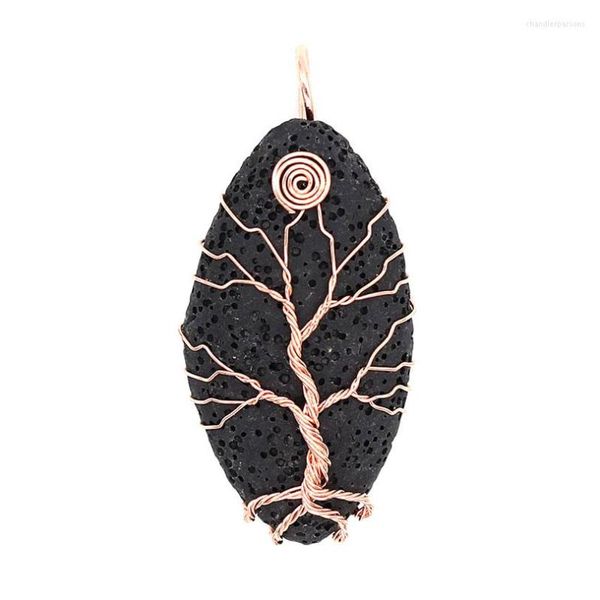 Pendentif Colliers KFT Pierre De Lave Naturelle Arbre De Vie Couleur Or Rose Fil Enveloppé Bijoux En Forme D'oeil De Cheval