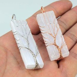 Pendentif Colliers KFT Sélénite Naturelle Guérison Quartz Cristal Fil De Cuivre Enveloppé Arbre De Vie Blanc Couleur Pierre Chaîne Collier