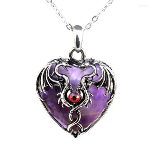 Colliers pendants Kft Vintage Dragon Man Collier Naturel Stone Crystal Heart Forme pour femmes Amethystes Gift de bijoux en quartz rose