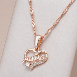 Hanger Kettingen Kinel 585 Rose Goud Kleur Mama Hart Ketting Voor Vrouwen Natuurlijke Zirkoon Accessoires Hoge Kwaliteit Dagelijks Fijne Sieraden