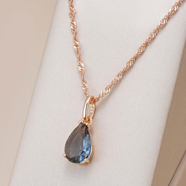 Colliers pendants Kinel Grey Crystal Long Water Drop Collier Femmes 585 Couleur en or rose avec zircon naturel bijoux quotidien de haute qualité