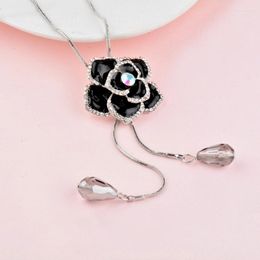 Hanger kettingen kiOozol vintage kristallen waterdrop ketting voor vrouwen zwarte email bloemen ketting verstelbare zilveren kleur sieraden 443 ko6