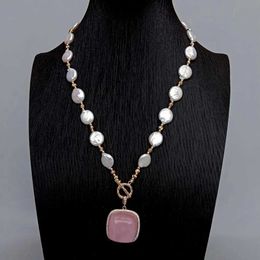 Collares colgantes KKGEM 29 mm Rose Quartz CZ Pave Square Colgante 19.5 12 mm Collar de perla de moneda blanca culturalq