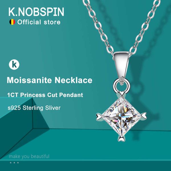 Collares pendientes KNOBSPIN 1ct Princess Cut Moissanite Collar para mujer Wedding Jewely con certificado s925 Sliver Plated White Gold Necklace G230202