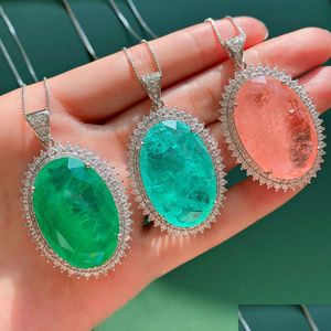 Colliers pendants Knriquen 925 Sterling Sier 20x30mm Paraiba Tourmaline Emerald Pink Quartz Collier Gemstone Bijoux pour les femmes Dhhap