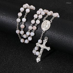 Pendentif Colliers KOMi Blanc Rosaire Perles Croix Long Collier Pour Femmes Hommes Catholique Christ Religieux Jésus Bijoux Cadeau R-232