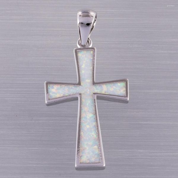 Collares pendientes KONGMOON Classic Latin Cross White Fire Opal Silver Plated Jewelry para mujeres collar