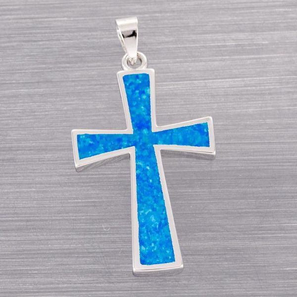 Collares pendientes KONGMOON Classic Latin Cross Ocean Blue Fire Opal Joyería plateada para mujeres Collar