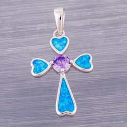 Hanger kettingen kongmoon kruis 5 mm rond paarse cz hart oceaan blauw vuur opaal verzilverde sieraden voor vrouwen ketting