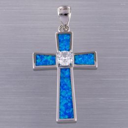 Pendentif Colliers KONGMOON Croix 5mm Rond Clair CZ Océan Bleu Opale De Feu Argent Plaqué Bijoux Pour Femmes Collier