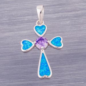 Hanger kettingen kongmoon kruis 5 mm rond paarse cz hart oceaan blauw vuur opaal verzilverde sieraden voor vrouwen ketting