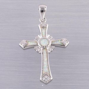 Pendentif Colliers KONGMOON Longue Croix Celtique Blanc Opale De Feu Argent Plaqué Bijoux Pour Femmes Collier