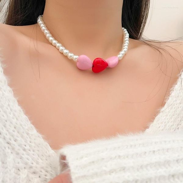 Collares pendientes Corea Rosa Resina Roja Corazón Gargantilla Collar Para Mujeres Niñas Perla de Imitación Con Cuentas Pintura Clavícula Cadena Accesorios Regalos