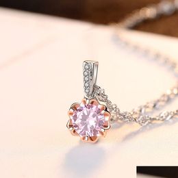 Pendentif Colliers Corée Sweet Style Colorf Gemstone S925 Sier Collier Mode Femmes Brillant Zircon Rose Or Clavicalis Chaîne Goutte De Dh5Jx