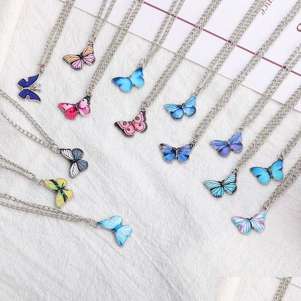Colliers pendentifs Collier papillon bleu coréen pour femmes filles Sier couleur papillons ras du cou bijoux cadeau en gros livraison directe Pe Dha3B