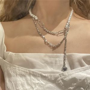 Pendentif Colliers Charms coréens Imitation Perles Clavicule Chaîne Cristal Pour Femmes Métal Y2K Collier Ras Du Cou 90s Amour
