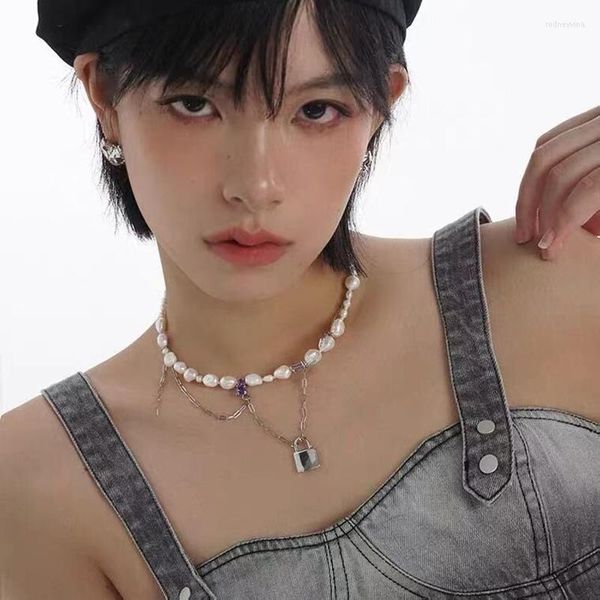 Colliers pendants Collier de perle d'eau douce élégante coréenne pour femmes 2023 Cadeau de mode Sweet Cool Girl Purple Zircon Lock Clicule