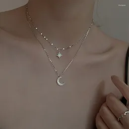Pendentif Colliers Mode coréenne Double couche Simple étoiles collier ras du cou pour femmes brillant Zircon lune pendentifs fille cadeau accessoires