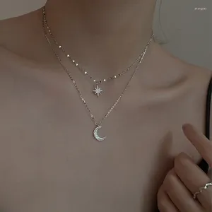 Pendentif Colliers Mode coréenne Double couche Simple étoiles collier ras du cou pour femmes brillant Zircon lune pendentifs fille cadeau accessoires