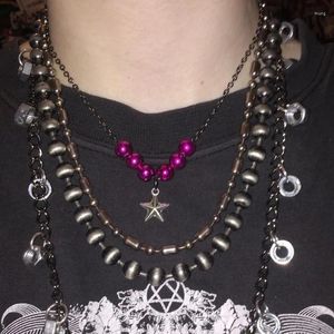 Pendentif Colliers Mode coréenne Perles rouges Star Collier Chaînes Collier Punk pour femmes Goth Bijoux Egirl Accessoires Grunge Rock