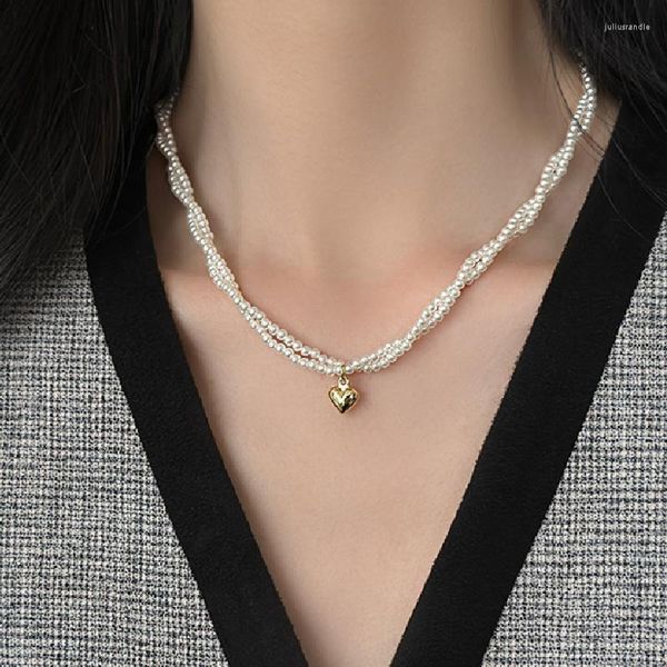 Pendentif Colliers Mode coréenne Simple Collier de perles pour femmes Double couche Couleur Or Collier d'amour Chaîne Bijoux élégants