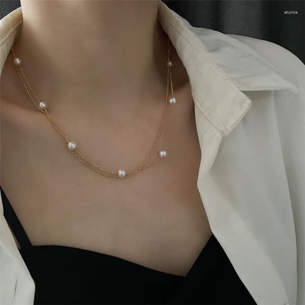 Collares colgantes Collar de perlas de doble capa de lujo ligero coreano para mujeres Accesorios nupciales de boda romántica Joyería